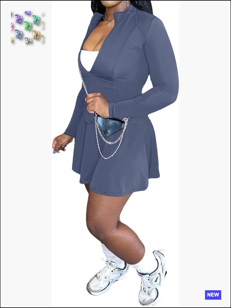 Two Piece Skirt Set Long Sleeve Zip Up Jacket Pleated Mini Skort Athletic Golf